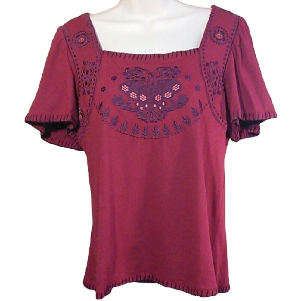 C Keer Anthropologie | Burgundy Butterfly Top Embroidered Print Short Sleeve S
